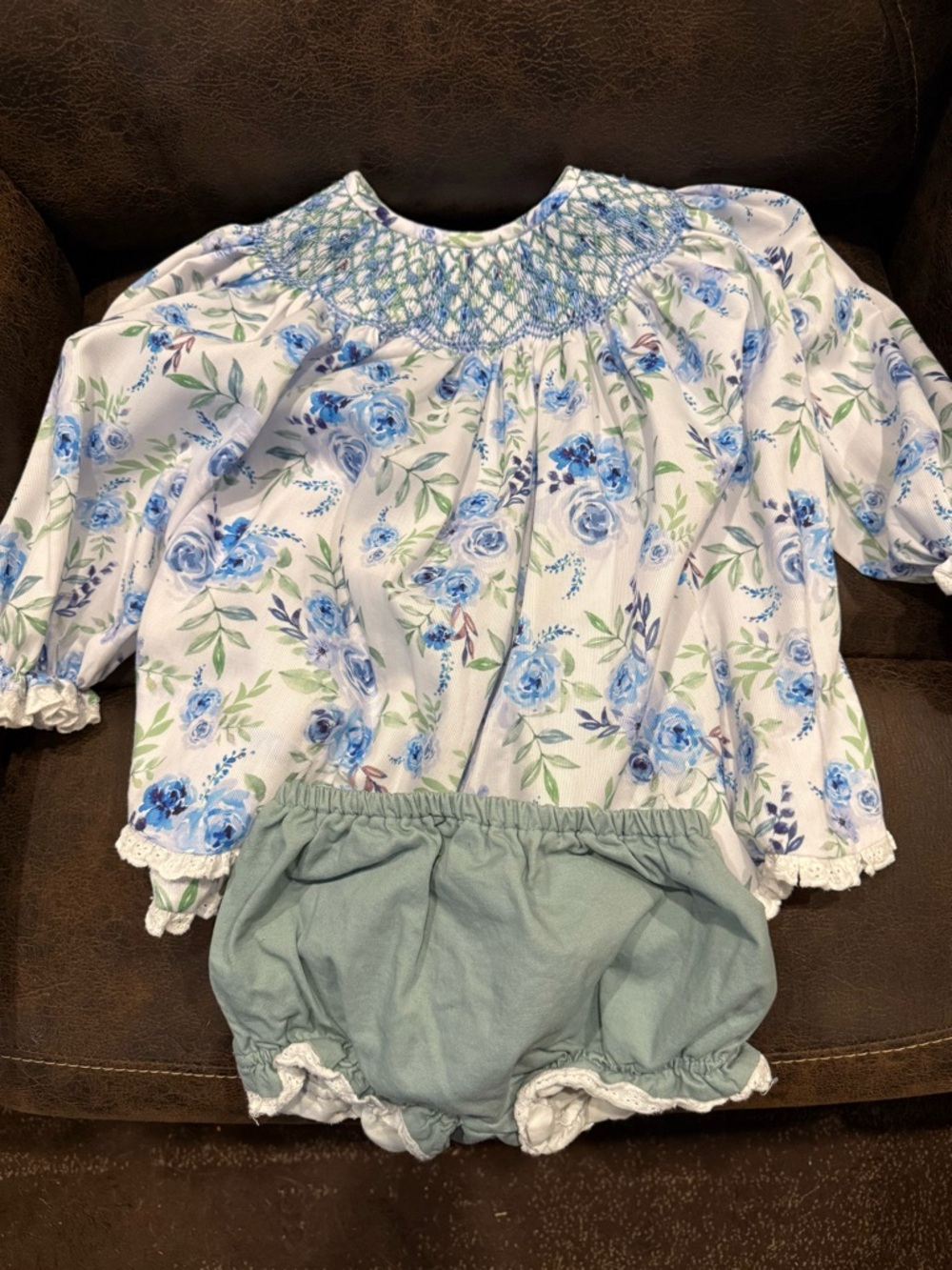 Sweet LaRose 3T Blue Floral Smocked Baby Dress with Sage Bloomers